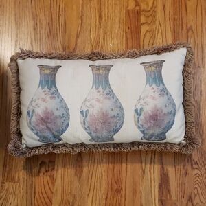 Decorative Pillow Featuring Three Vases With Floral  Design & Fringe